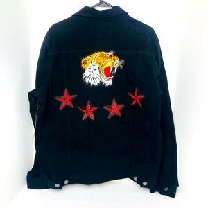 Members Only Black Denim Jacket Mens Large Tiger & Stars Patches New NWT